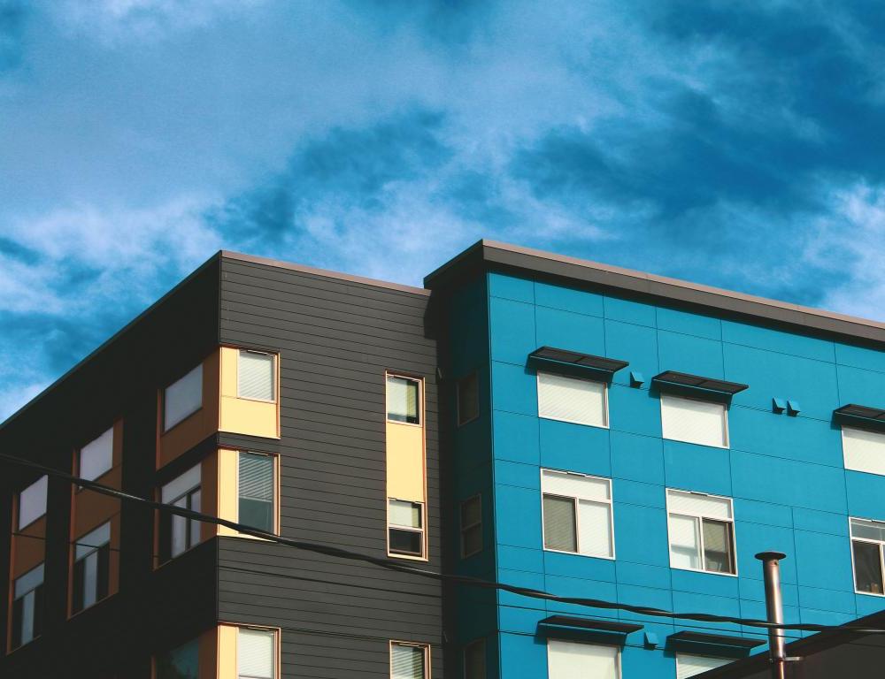 blue and black apartment building